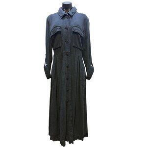 Free People Cotton Button Front Maxi Dress Steel Blue Long Sleeve L